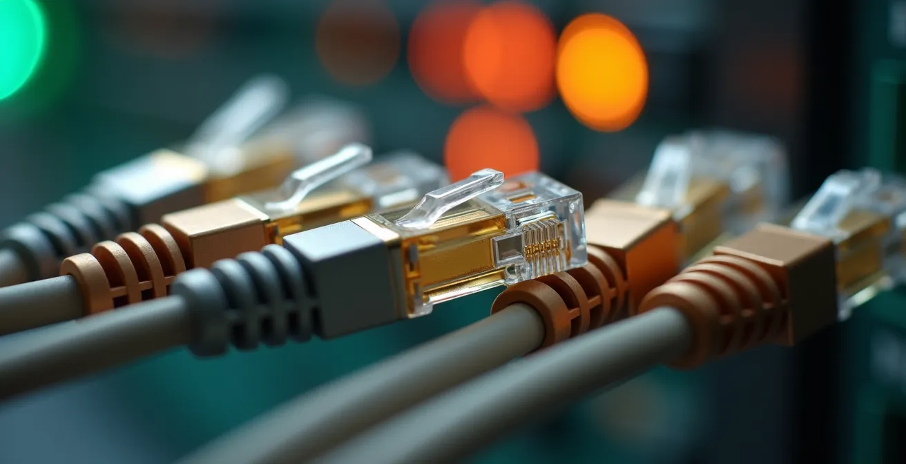 Makroaufnahme von Netzwerk-Kabelverbindungen symbolisiert API-Schnittstellen