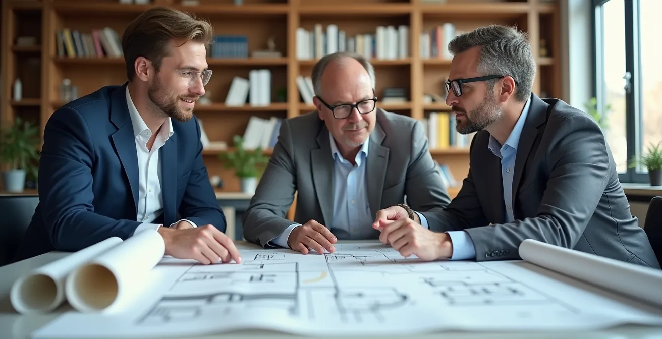 Architekten und Brandschutzexperte besprechen Baupläne in modernem Büro