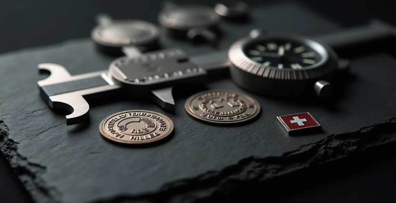 Detailaufnahme von Schweizer Qualitätszertifizierungsdokumenten mit Präzisionswerkzeugen