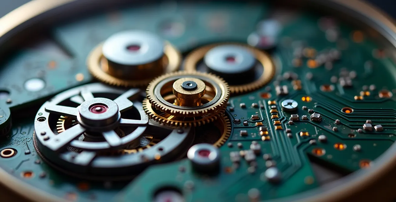 Automatisierte Reaktion auf kritische Sicherheitsereignisse, symbolisiert durch die Verschmelzung eines Uhrwerks und digitalen Leiterbahnen.