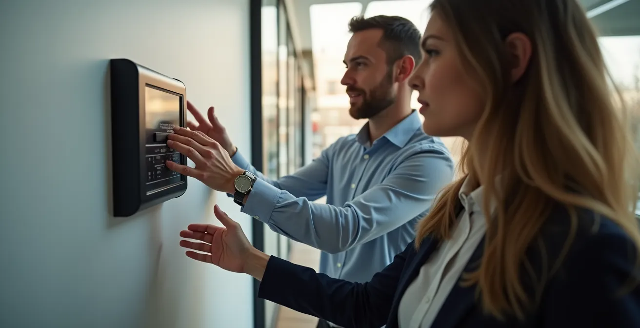 Mitarbeiterschulung für intuitive Sicherheitssysteme in einem modernen Schweizer Büro