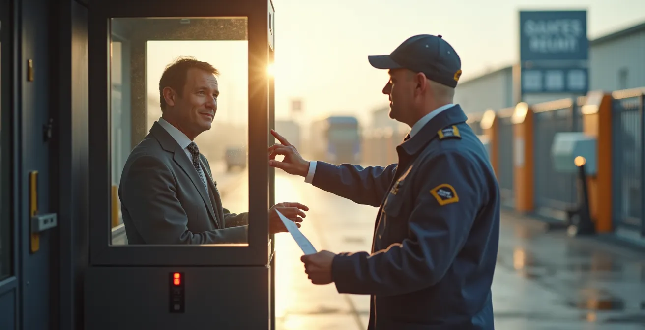Getrennte Zugangswege für verschiedene Besuchergruppen auf einem Logistikareal, die durch eine professionelle Zugangskontrolle gesteuert werden.