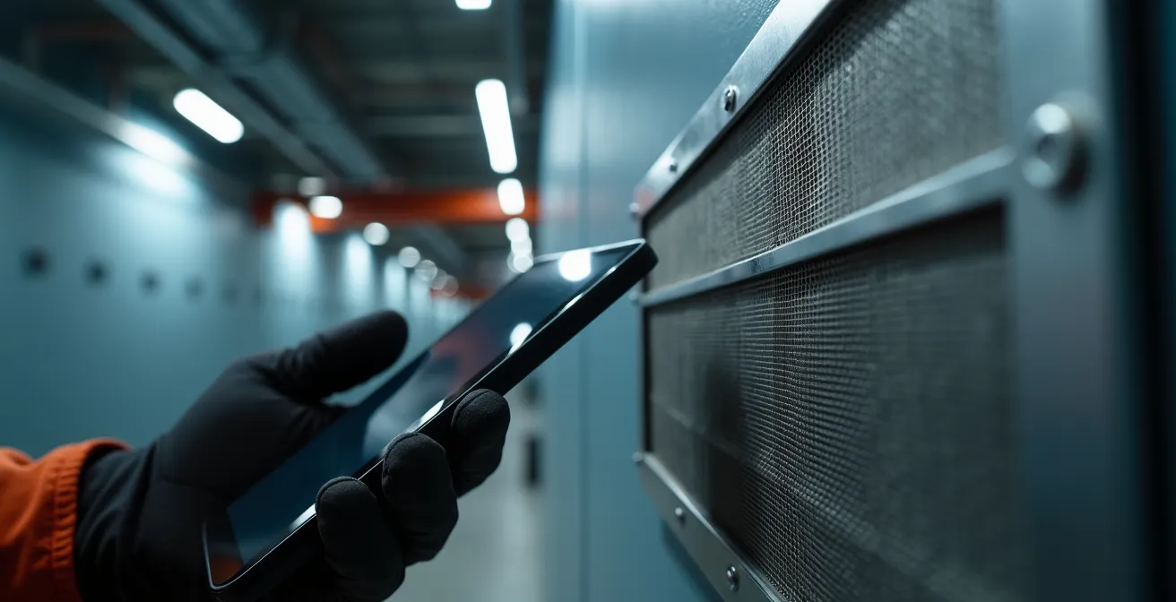 Techniker scannt QR-Code an Brandschutzklappe mit Tablet für digitale Wartungsdokumentation