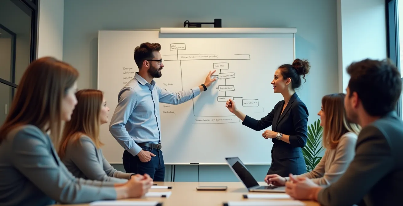 Team diskutiert Geschäftsprozesse am Whiteboard