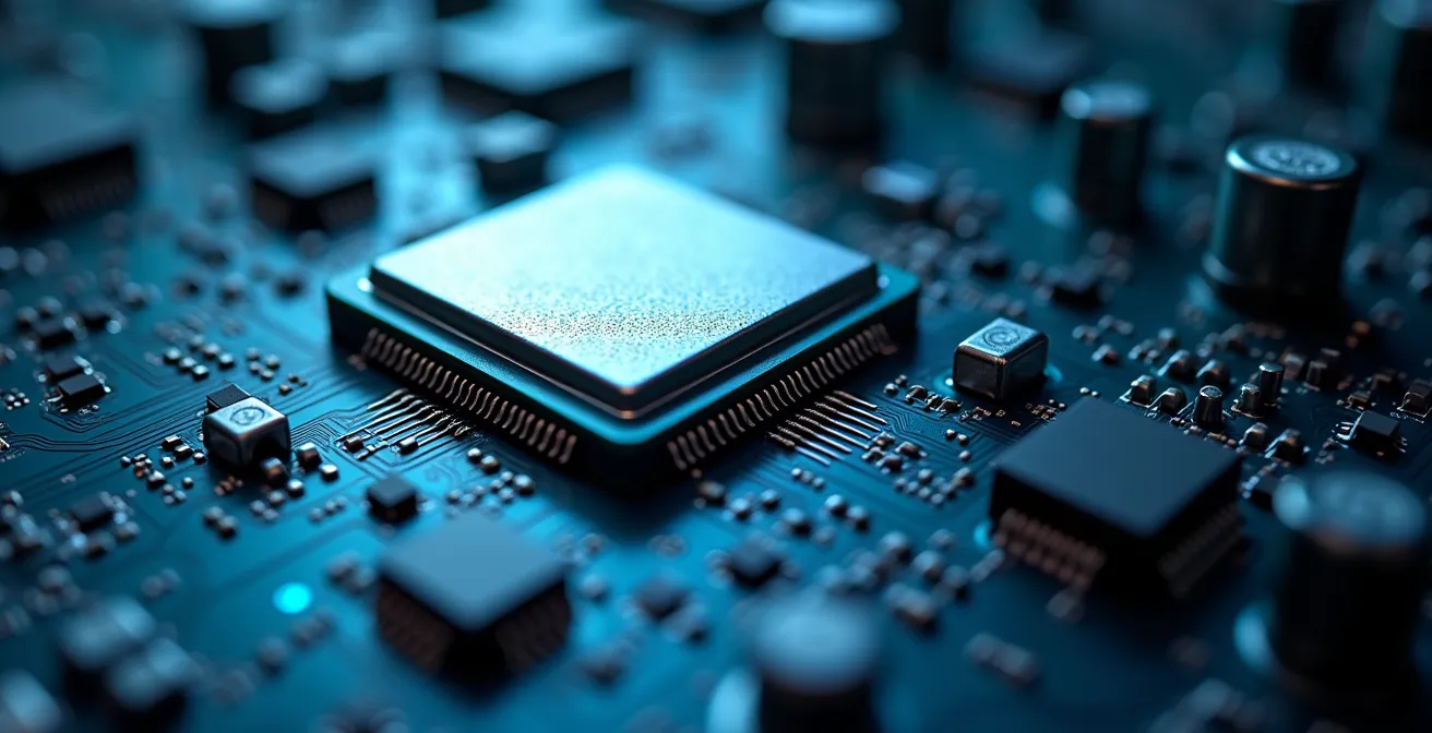 Makroaufnahme von Serverplatine mit Fokus auf Datenverarbeitungschips