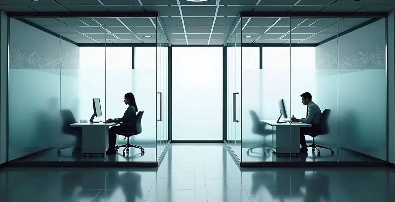 Getrennte digitale Arbeitsräume mit Sicherheitsbarrieren in Schweizer Anwaltskanzlei visualisiert