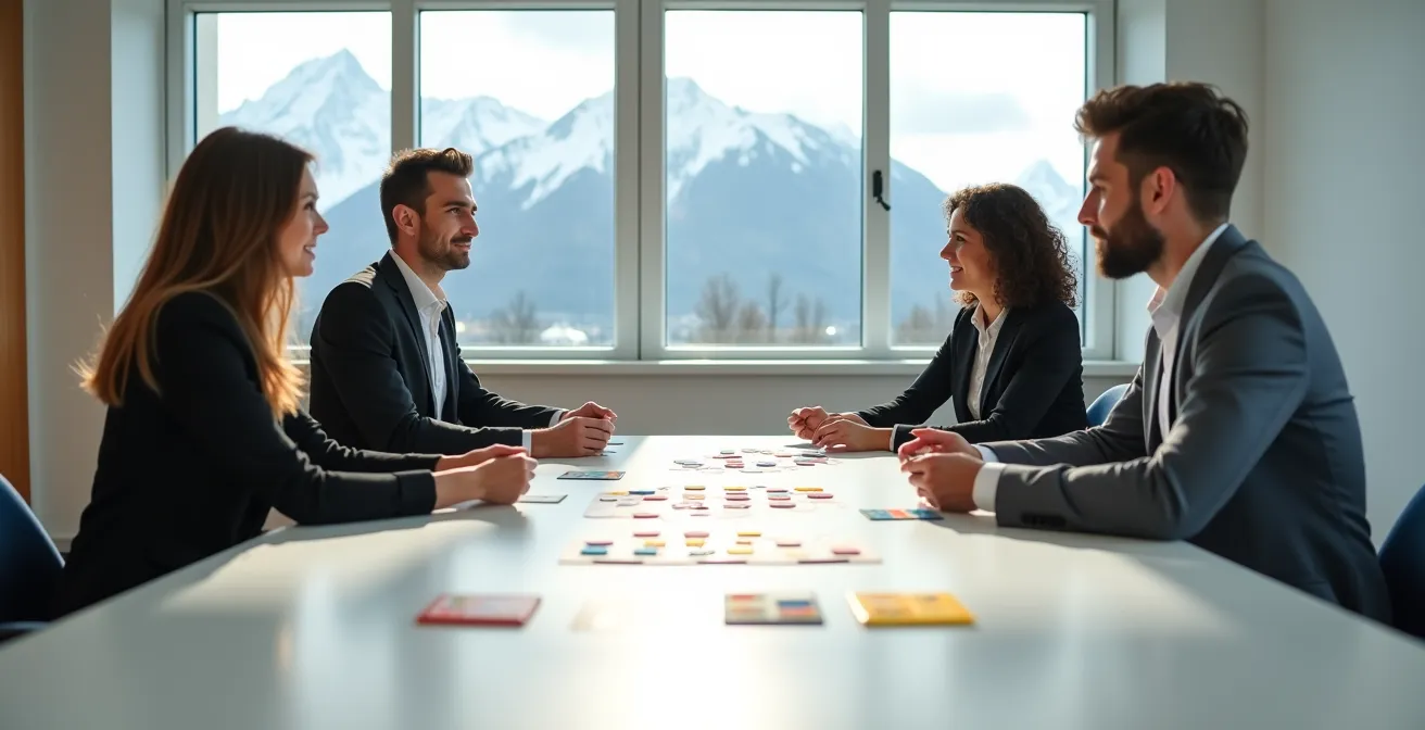 Buchhalter in einem Schweizer Büro spielen ein interaktives Datenschutz-Rollenspiel