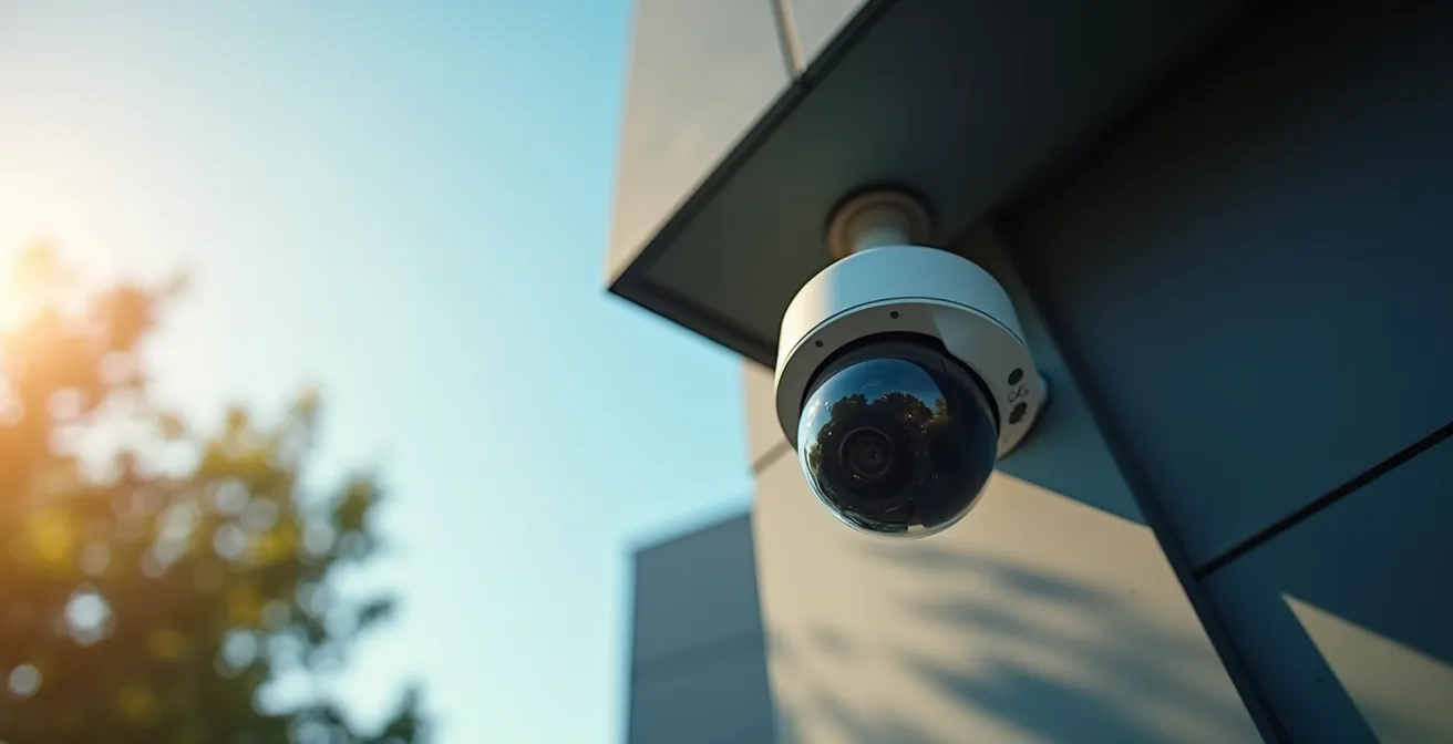 Eine modern gestaltete Überwachungskamera an einer Gebäudeecke, die das Gleichgewicht zwischen Sicherheit und Datenschutz symbolisiert.