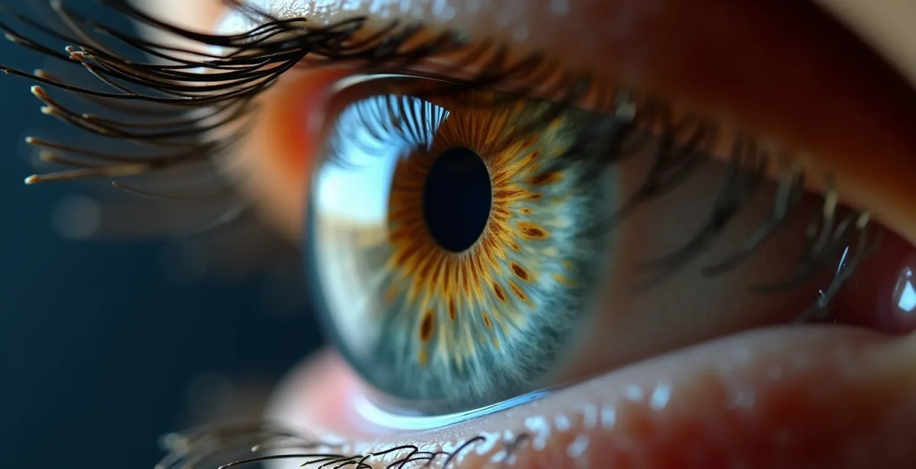 Makroaufnahme eines Auges mit unnatürlichen Lichtreflexionen während eines Videocalls