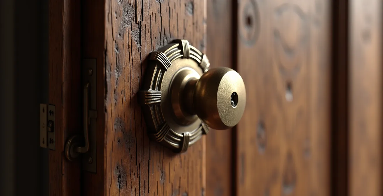 Historische Holztür mit diskret integriertem digitalem Schließzylinder in Altmessing-Optik