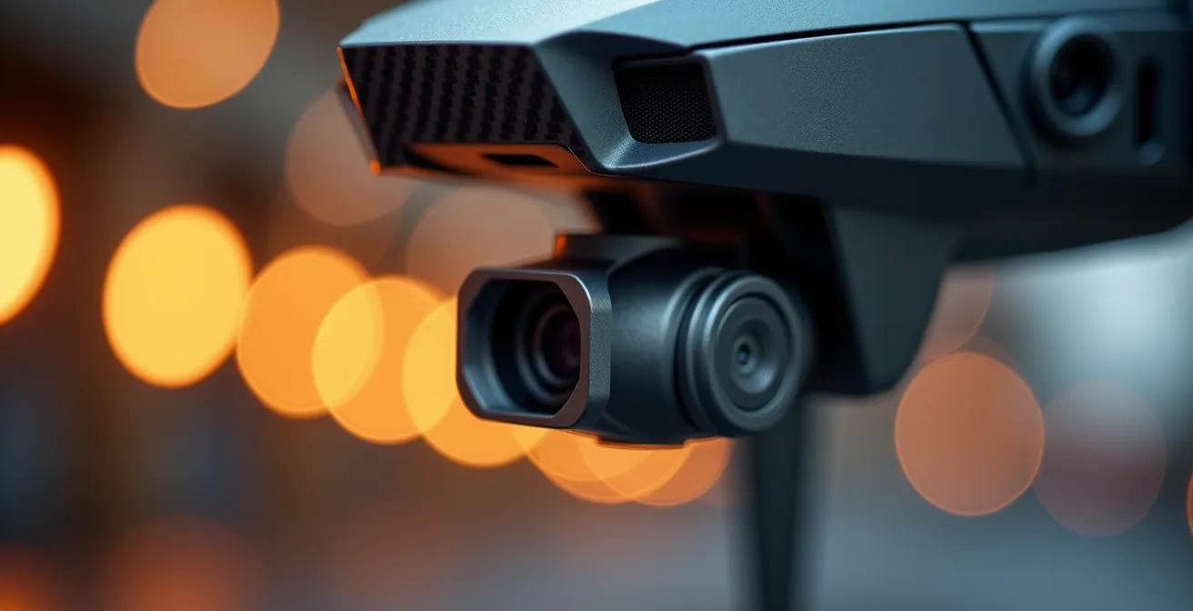 Autonome Sicherheitsdrohne bei nächtlicher Patrouille über Schweizer Industriegelände