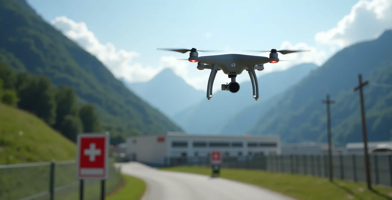 Drohne mit BAZL-Registrierungsnummer schwebt über eingezäuntem Schweizer Firmengelände