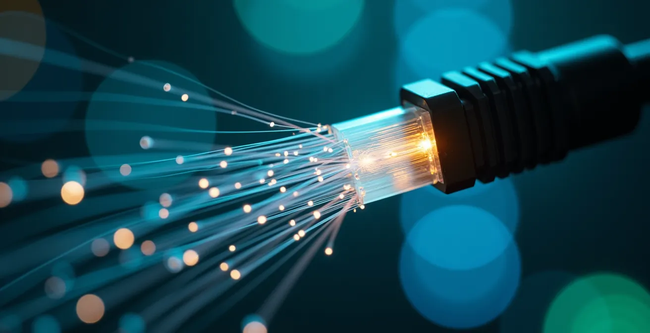 Makroaufnahme von Glasfaserkabeln mit Lichtreflexionen symbolisiert verschlüsselte Datenübertragung