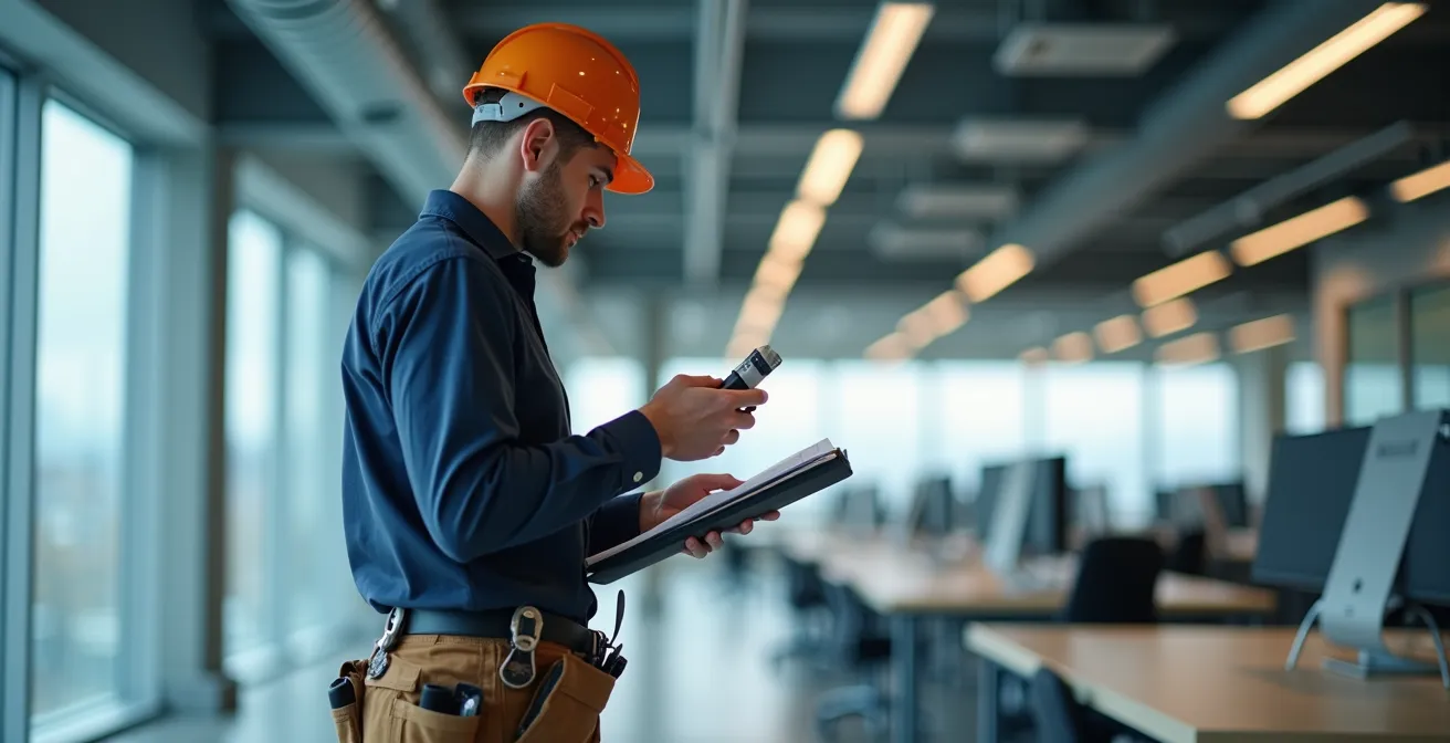 Facility Manager bei der systematischen Wartung von IoT-Sensoren in einem Schweizer Bürogebäude