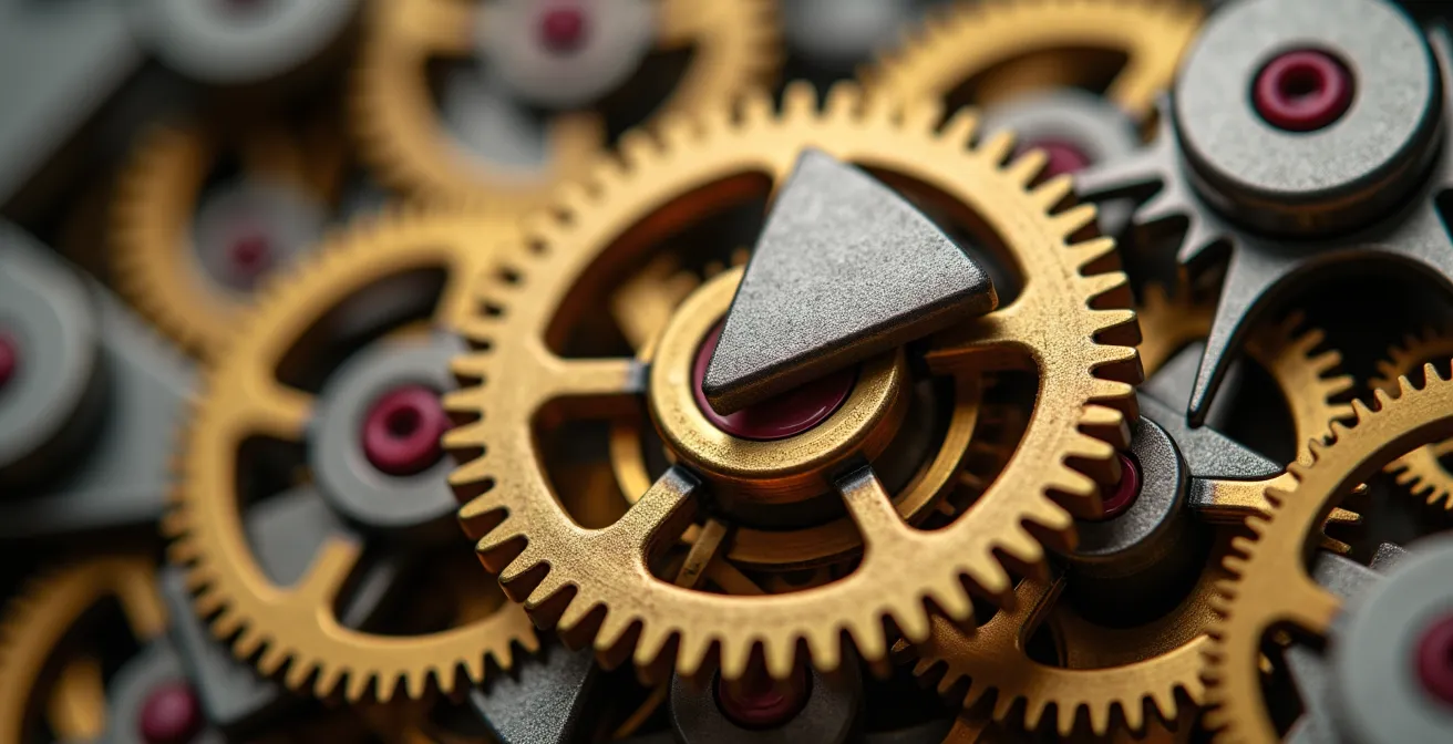 Effiziente ISO 27001 Auditvorbereitung für KMU, symbolisiert durch perfekt ineinandergreifende Zahnräder einer Schweizer Uhr.