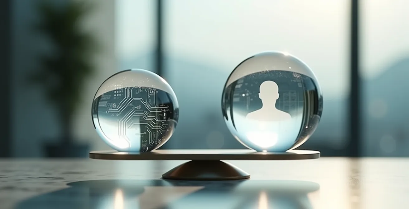 Symbolische Darstellung der Interessenabwägung zwischen KI-Überwachung und Persönlichkeitsschutz