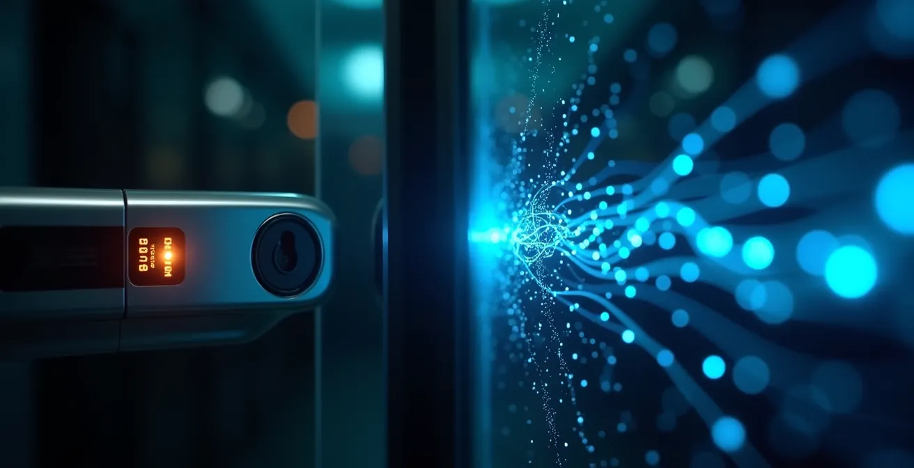 Integration von physischer und IT-Sicherheit in einem Schweizer Rechenzentrum, dargestellt durch die Verschmelzung eines Badge-Lesers und Glasfaserkabeln.