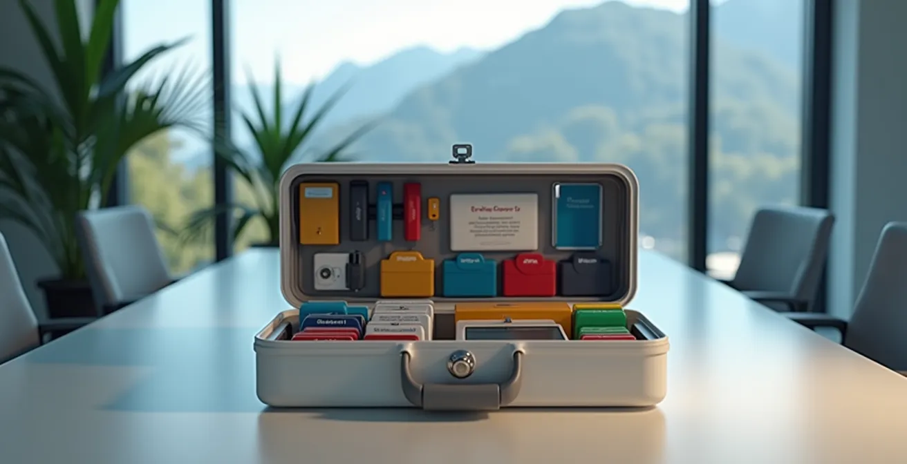 Professionell organisierte Krisenbox mit Notfallausrüstung in einem Schweizer Bürogebäude