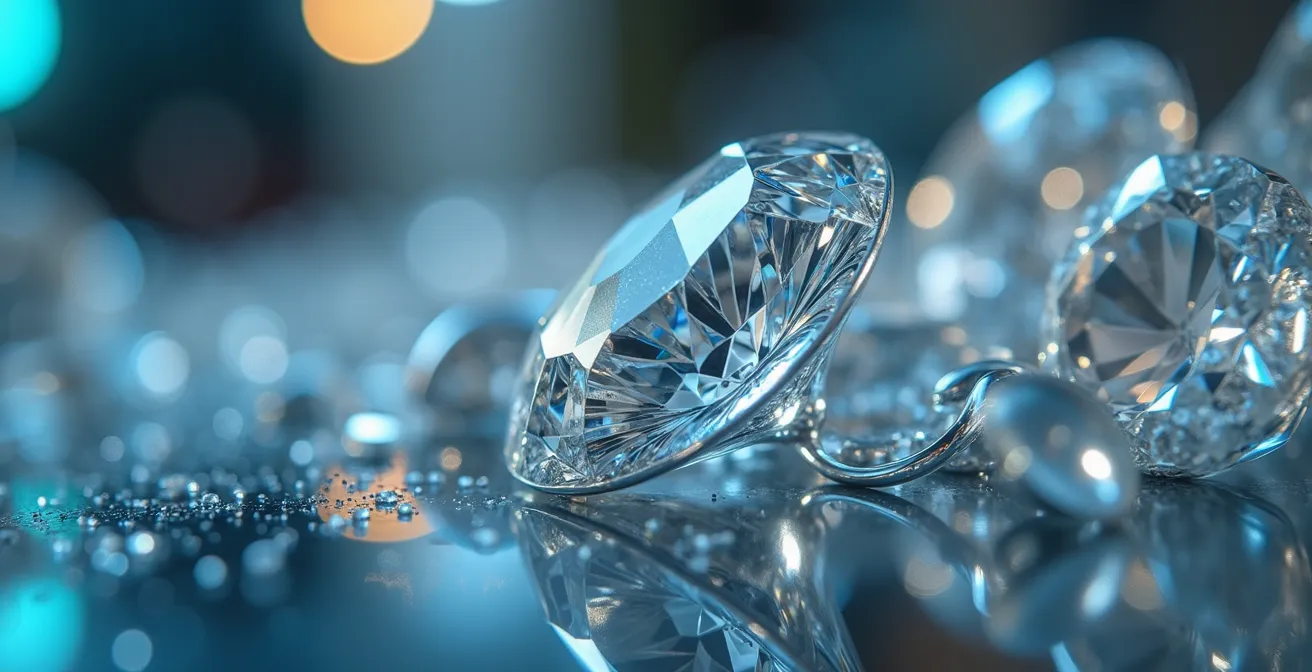 Makroaufnahme einer durchschusshemmenden Vitrine mit funkelnden Diamanten