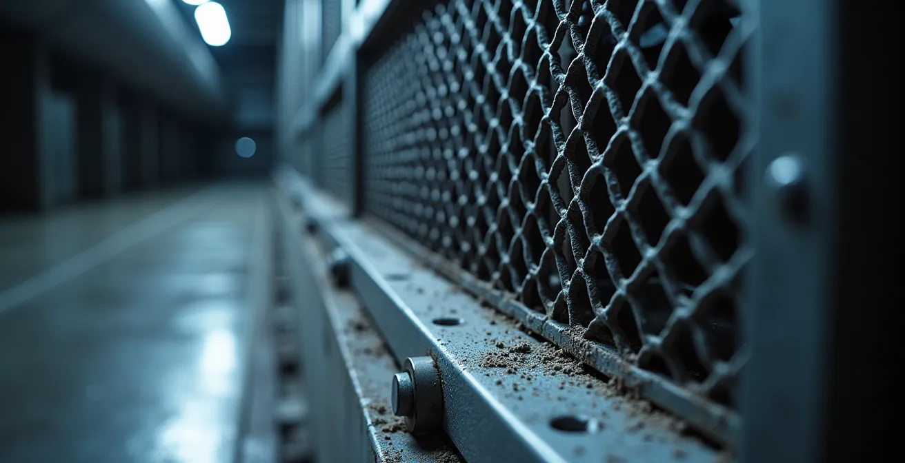 Detailaufnahme eines gesicherten Lüftungsschachts mit Sensorik