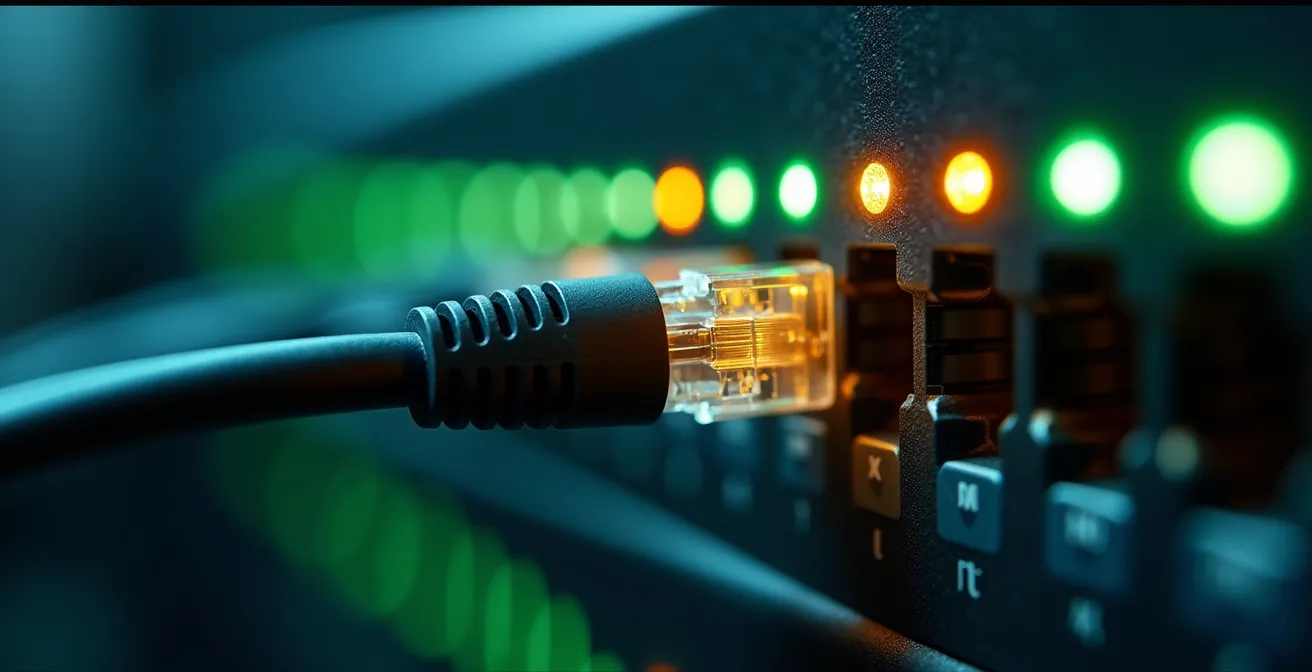 Makroaufnahme von Netzwerk-Hardware zeigt kritische Update-Prozesse