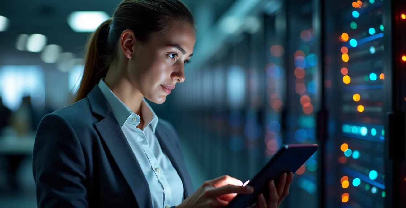 IT-Spezialist überprüft Systemstatus auf Tablet in Serverraum