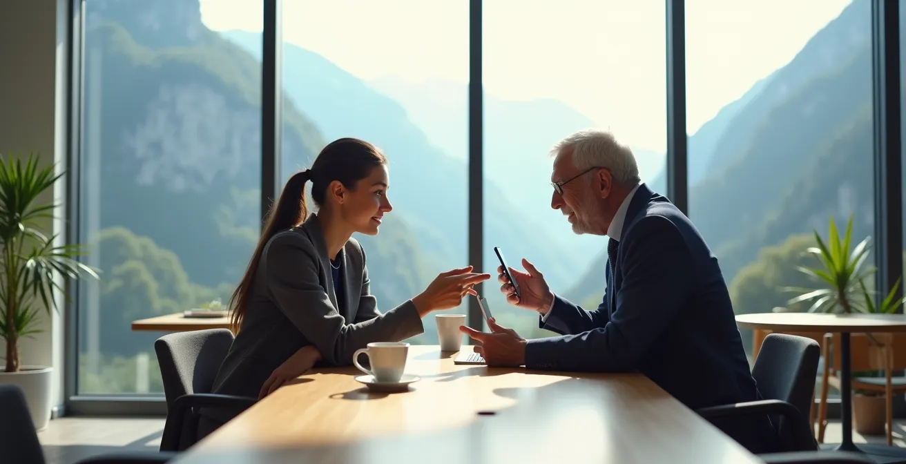 Jüngerer Mitarbeiter erklärt älterem Kollegen die Authenticator-App in entspannter Atmosphäre in einem modernen Schweizer Büro.