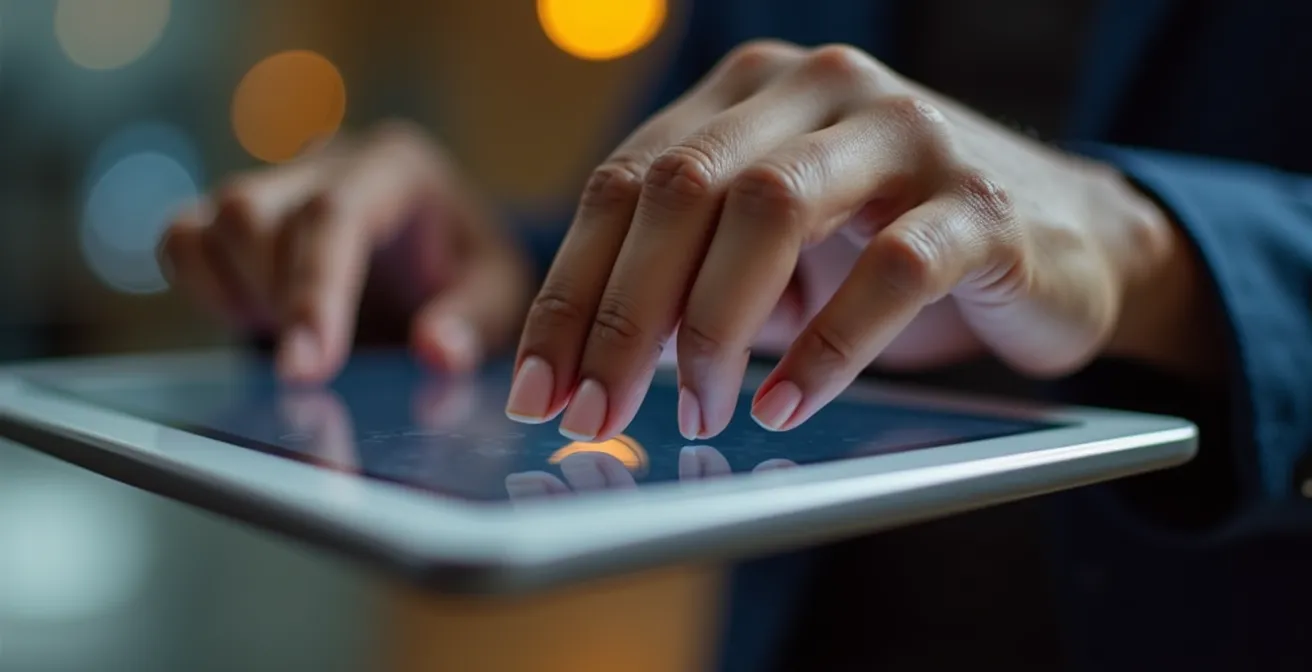 Nahaufnahme von Händen mit mobilem Gerät zeigt abstrakte Sicherheitssymbole