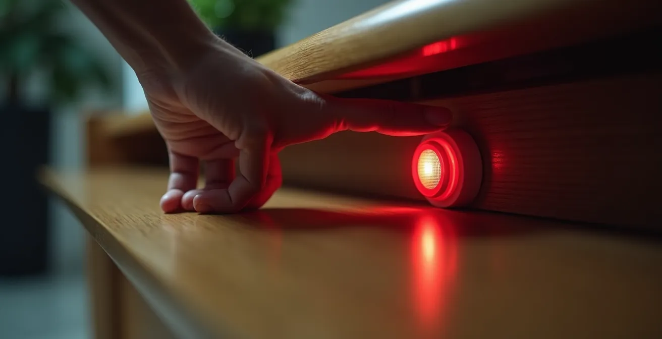 Nahaufnahme einer Hand die diskret einen roten Alarmknopf unter dem Empfangstisch drückt