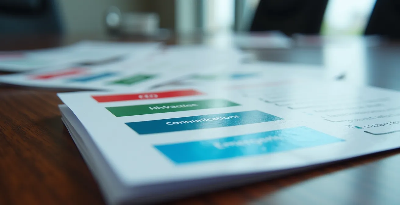 Laminierte Notfallkarten für verschiedene Führungsrollen auf einem Krisenstab-Tisch