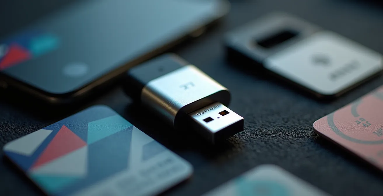 Makroaufnahme eines geöffneten Notfall-Kommunikations-Kits mit verschlüsselten USB-Sticks und vorbereiteten Smartphones