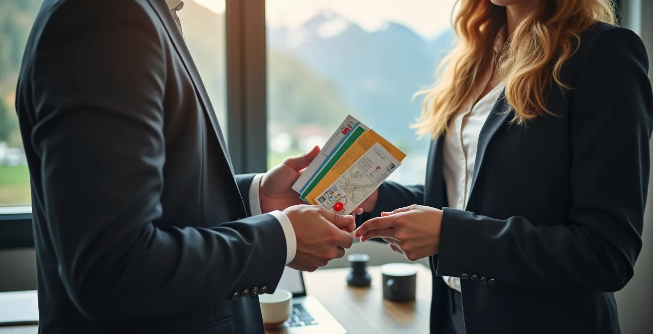 Neuer Mitarbeiter erhält Sicherheits-Willkommenskit während Einführung in Schweizer Unternehmen