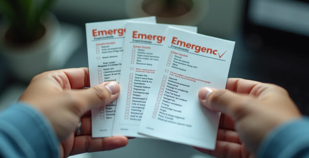 Laminierte Notfall-Checklisten auf einem Schreibtisch mit Händen