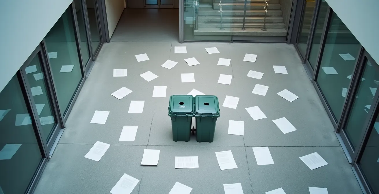 Vogelperspektive auf Schweizer Büro-Altpapiercontainer mit verschwommenen Dokumenten