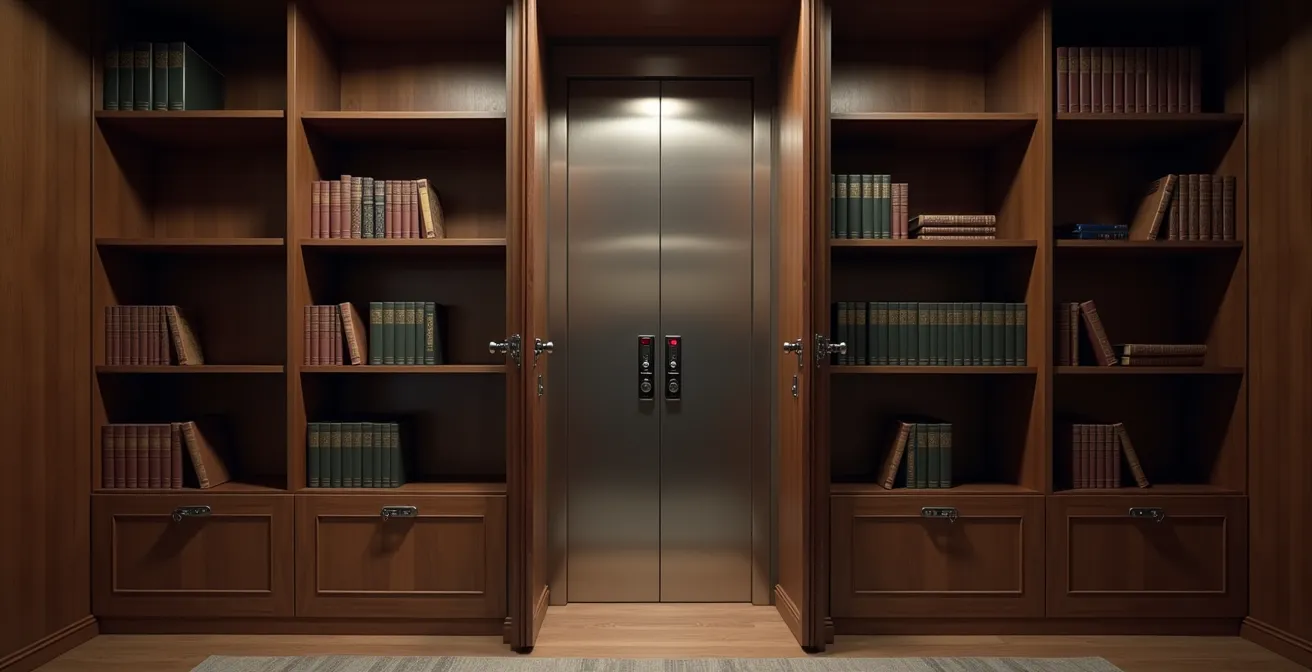 Versteckte Panikraumtür hinter Bücherregal mit modernen Sicherheitselementen