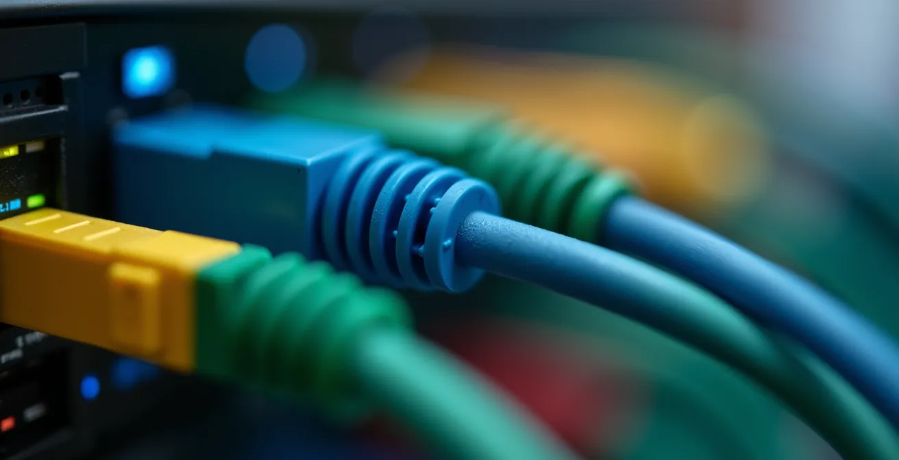 Detaillierte Makroaufnahme eines Netzwerk-Patch-Panels