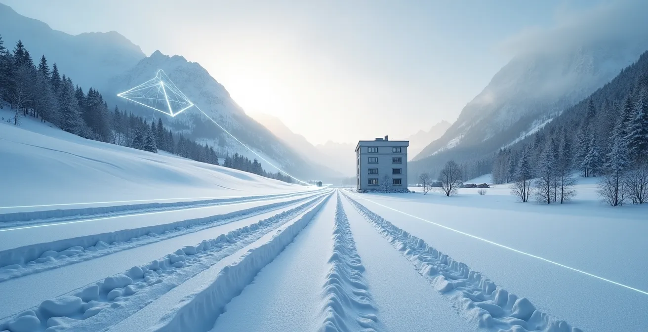 Vergleich von Perimeterschutzsystemen in verschneiter Alpenlandschaft