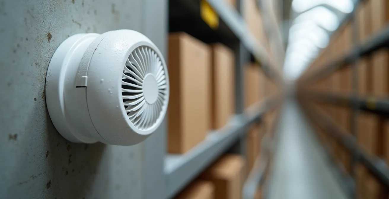 Detailaufnahme eines hochpräzisen Temperatur- und Luftfeuchtigkeitssensors in einem Schweizer Archivraum