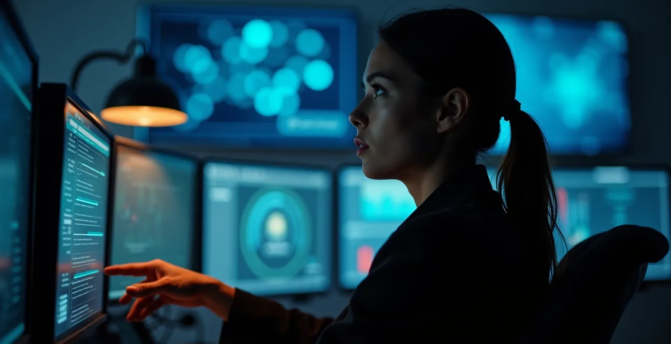 Sicherheitsoperator in einer modernen Leitstelle, der auf integrierte PSIM- und SIEM-Daten reagiert.