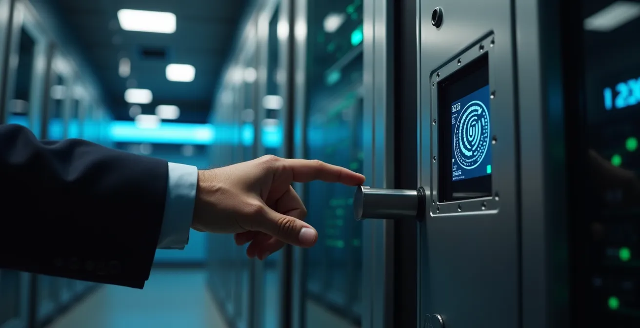 RC3-zertifizierte Sicherheitstür mit biometrischem Zugangsscanner in einem Serverraum