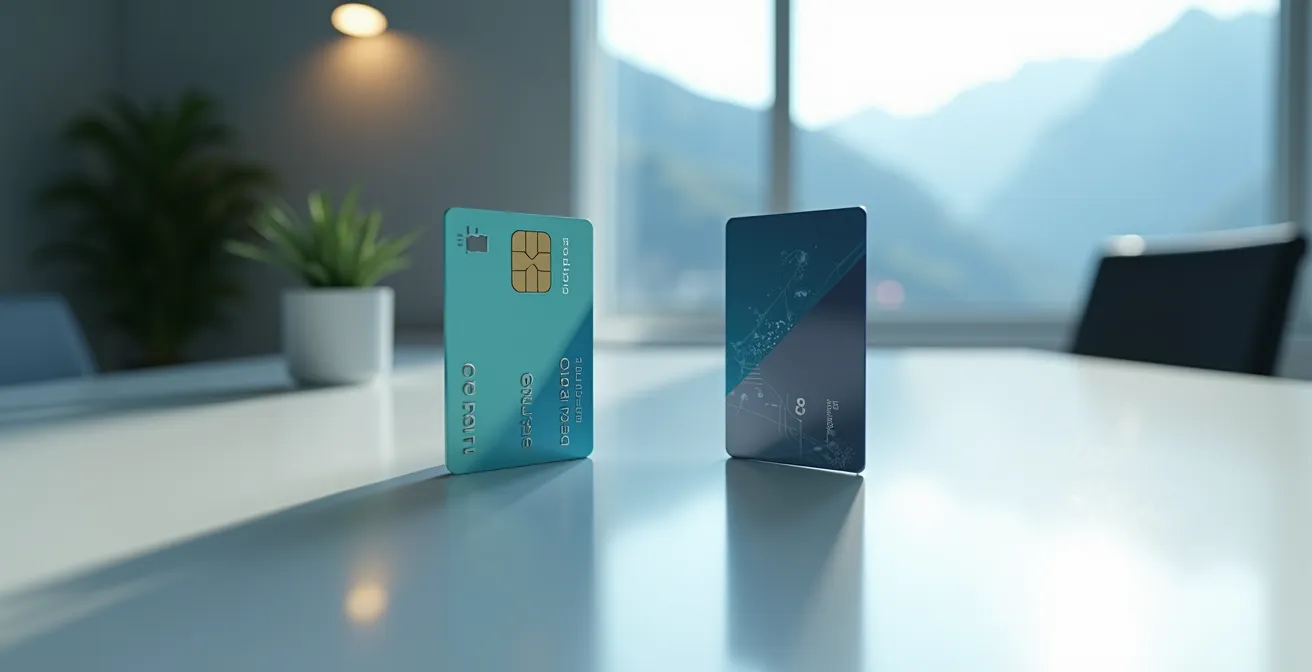 Zwei RFID-Badges nebeneinander auf einem Schweizer Bürotisch