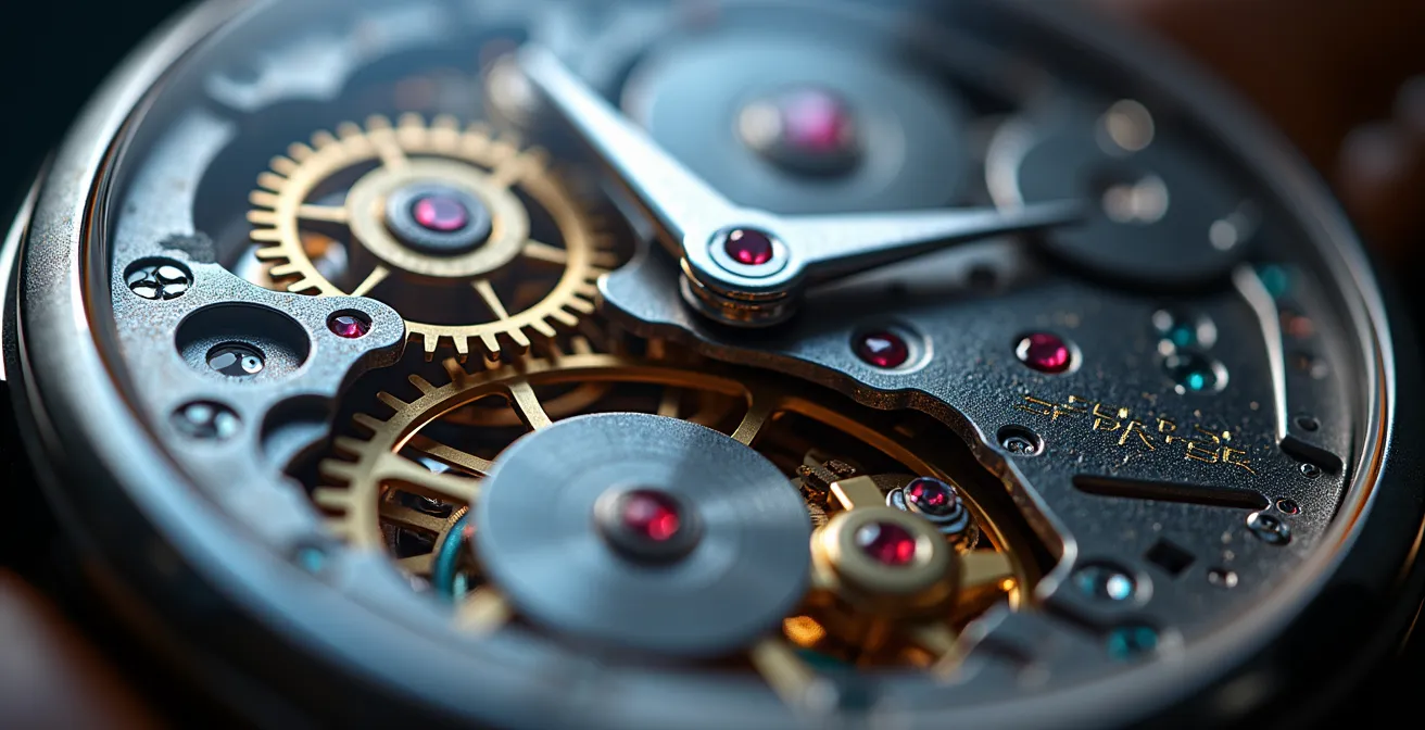 Makroaufnahme eines Schweizer Uhrwerks mit verschwommenen digitalen Sicherheitselementen