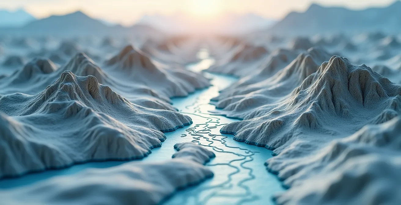 Topografische Darstellung der Schweiz mit hervorgehobenen Hochwasser-Risikozonen entlang der Flüsse