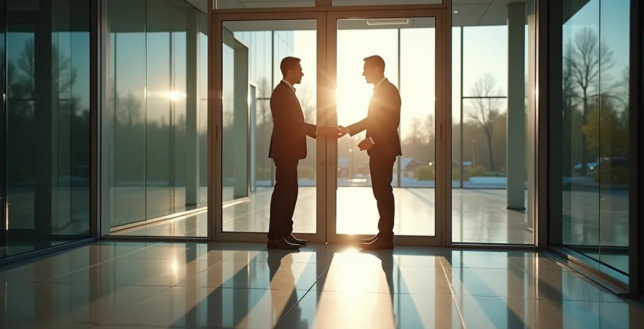 Geschäftsmann hält höflich Glastür für unbekannten Besucher in Schweizer Bürogebäude auf