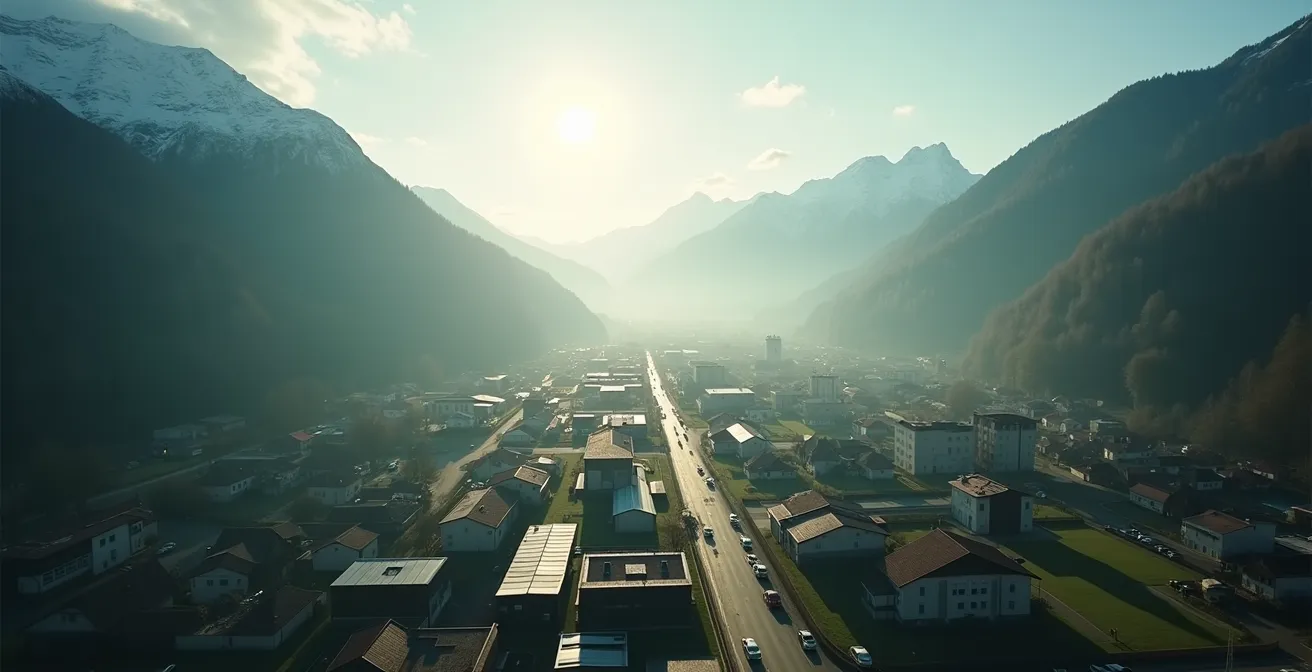 Weitwinkelansicht eines Schweizer Industrietals mit vernetzten Produktionsstätten