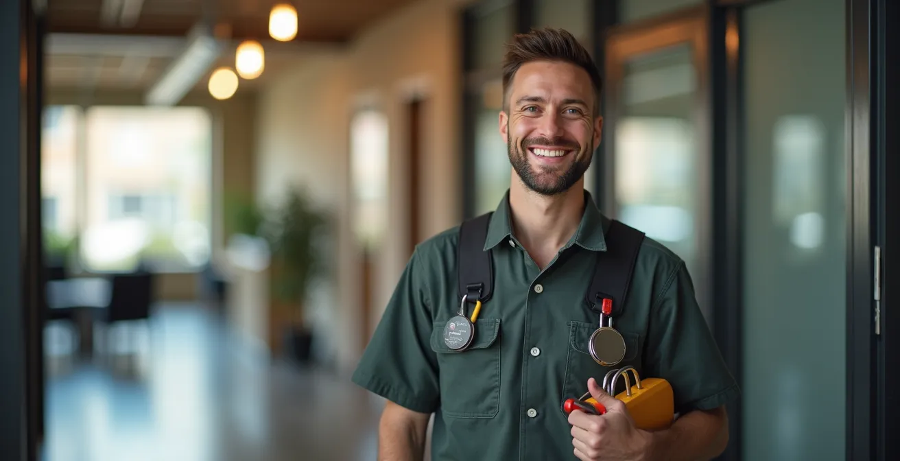 Porträt eines freundlichen Technikers mit verschwommenem Büro im Hintergrund