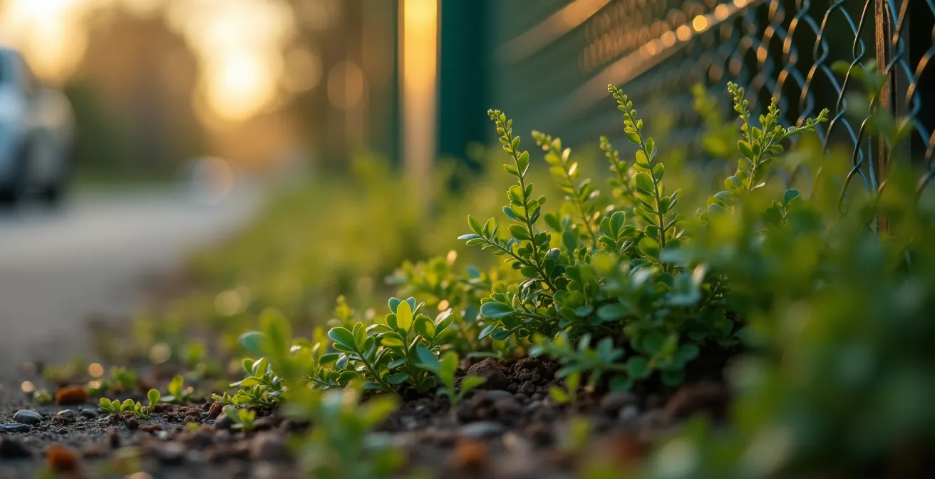 Strategisch geplante niedrige Bepflanzung mit dornigen Sträuchern entlang eines Sicherheitszauns eines Logistikareals.