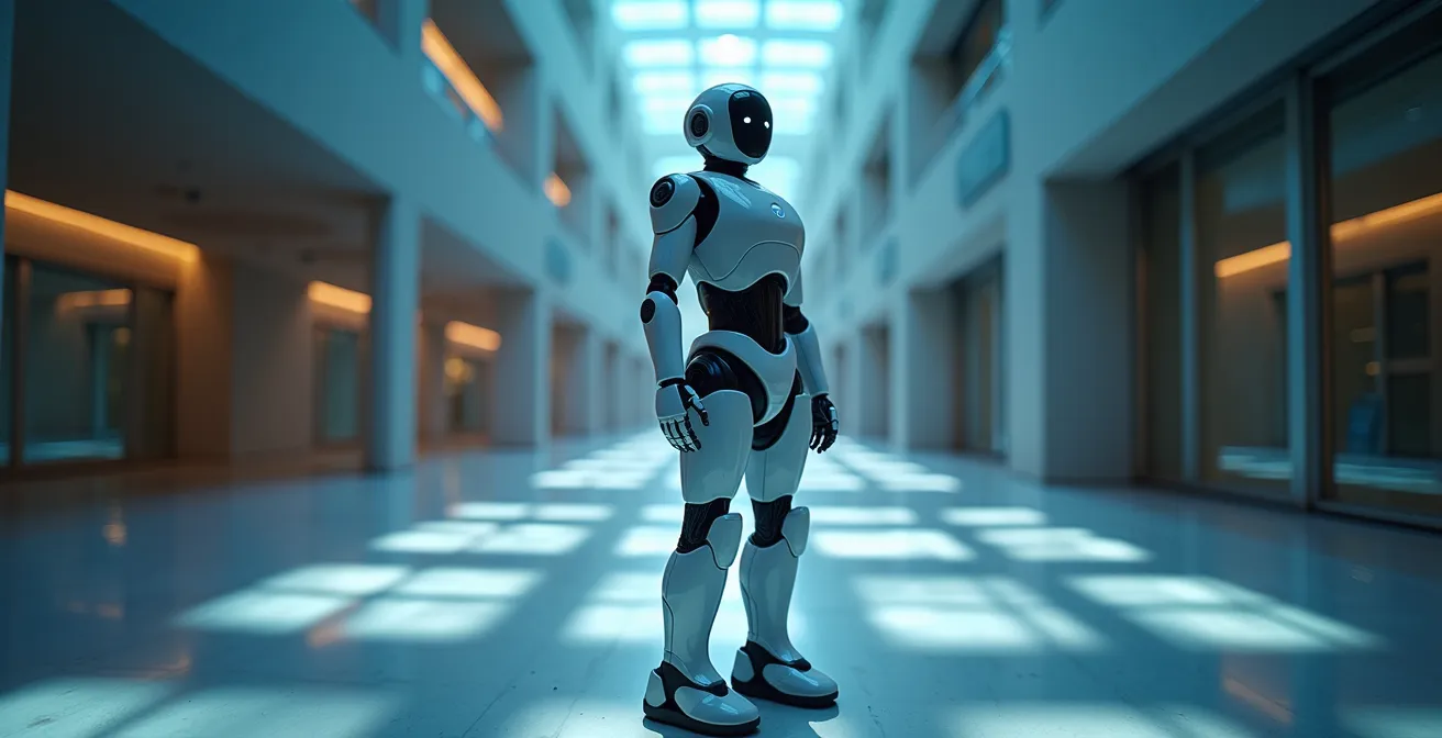 Roboter navigiert autonom durch modernes Gebäude mit digitaler Vernetzung