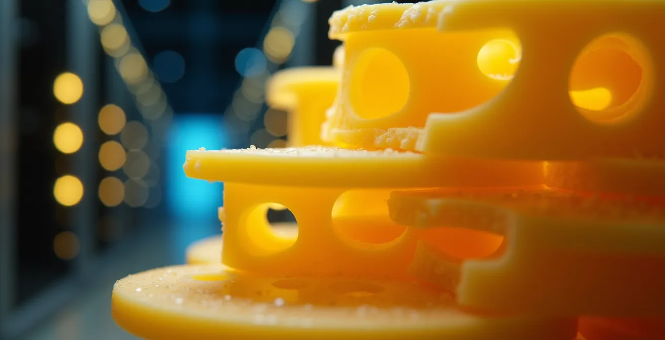 Makroaufnahme von übereinanderliegenden Schweizer Käsescheiben mit durchgehenden Löchern, die das 'Swiss Cheese Model' der Sicherheit visualisieren.