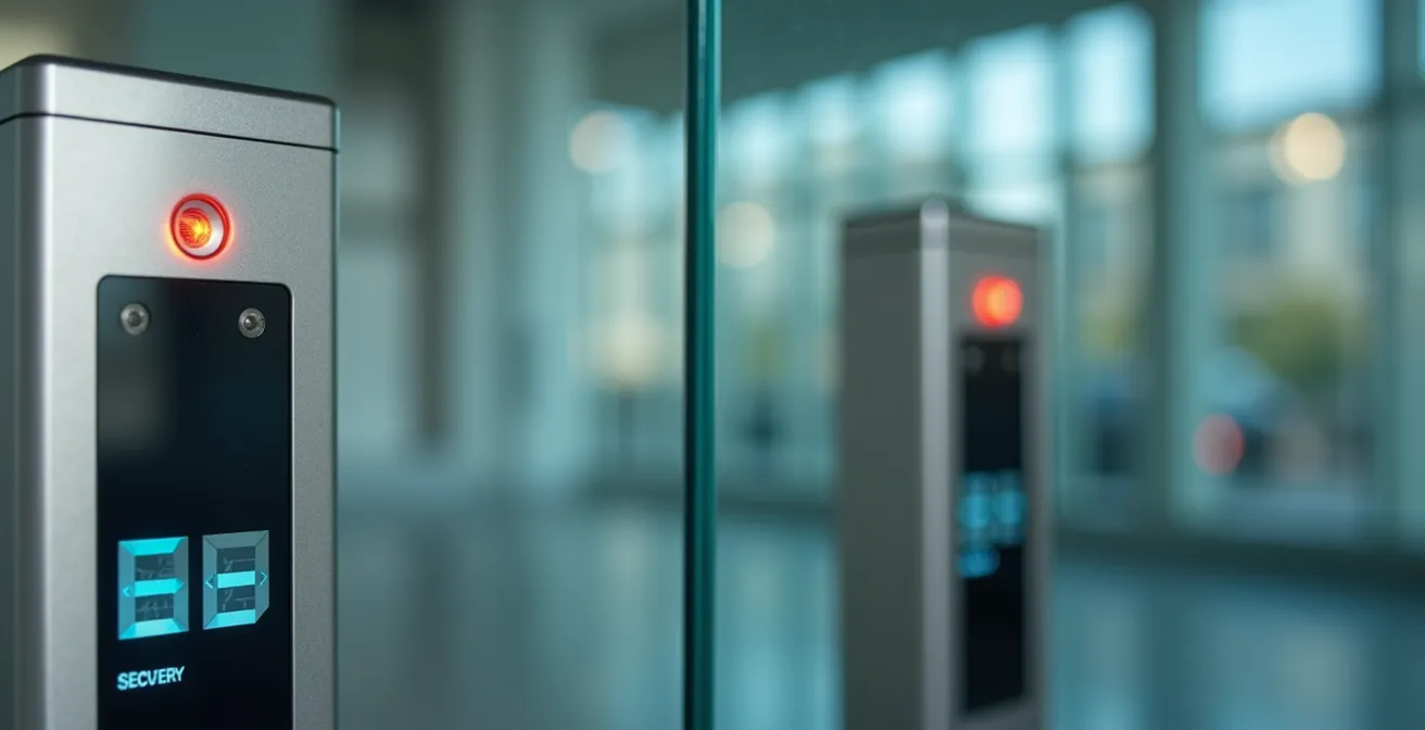 Moderne Glasschleuse mit Sensortechnik in elegantem Bankeingangsbereich